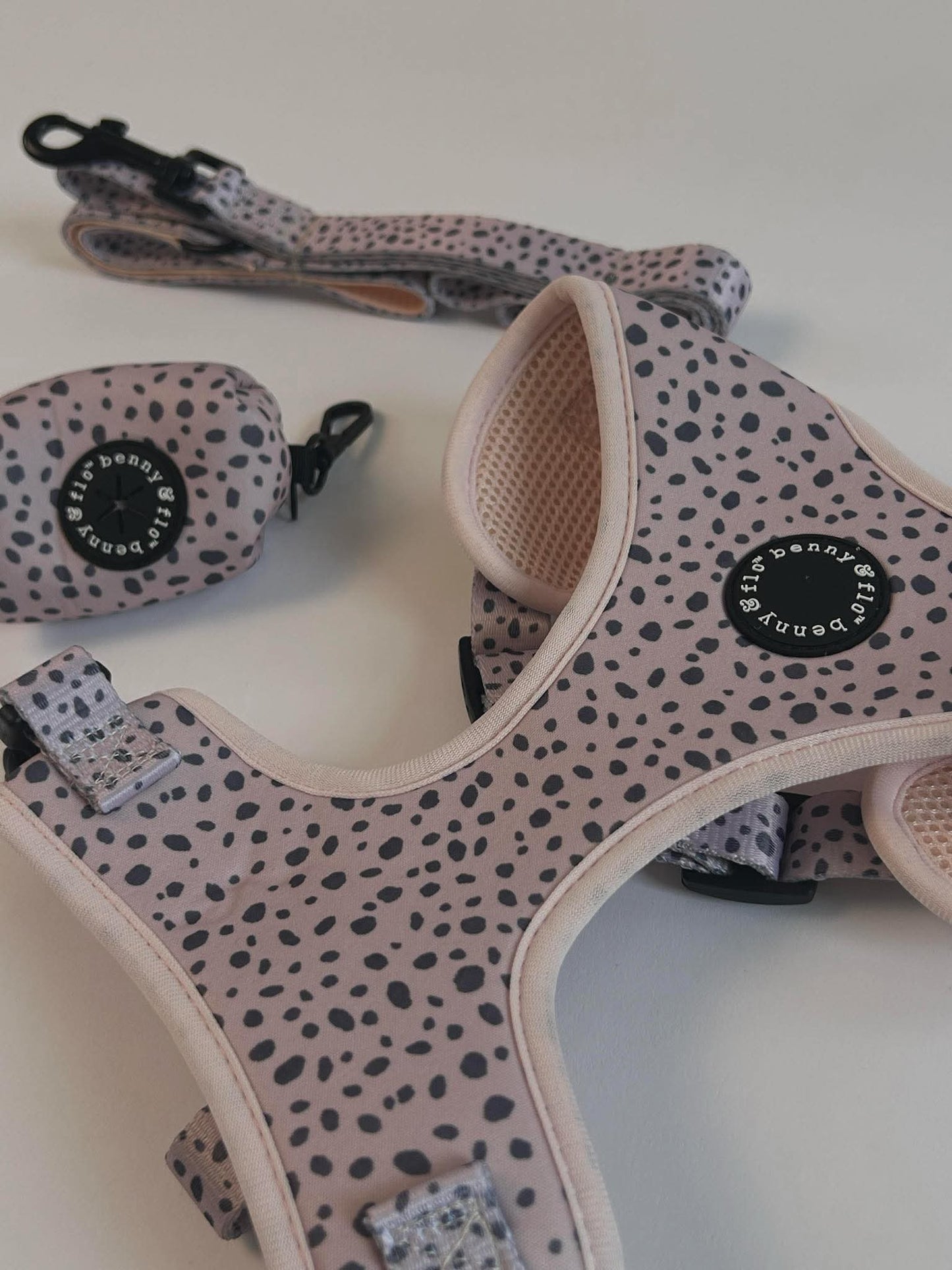 Dog harness with dalmatian pattern and matching leash on a white background