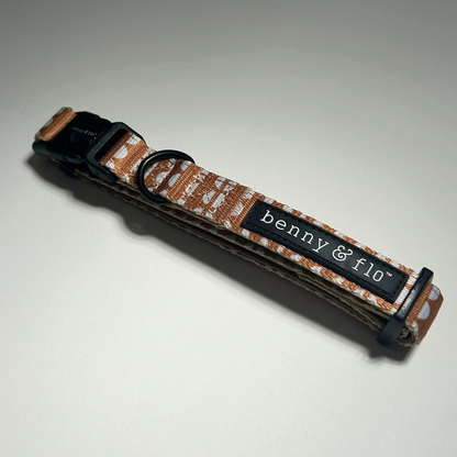 Brown gingerbread Dog collar with 'benny & flo' label on a white background