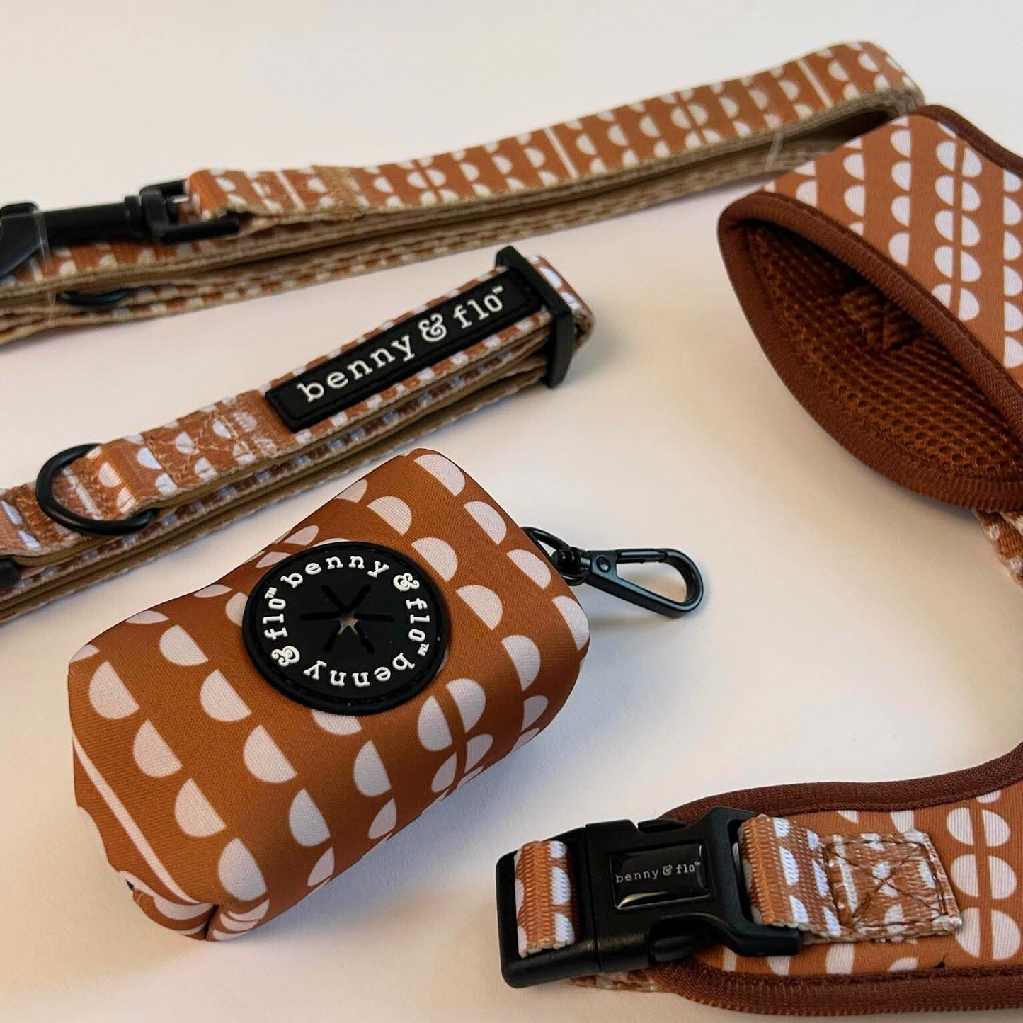 Dog collar, leash, and harness set with brown pattern on a light background