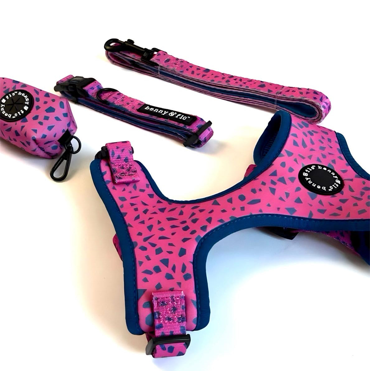 Purple and blue patterned dog harness, collar, and leash on a white background