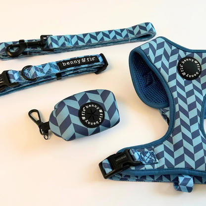 Blue Dog collar, leash, and harness set with geometric pattern on a light background