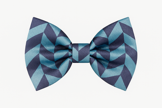 Blue geometric patterned dog bow tie | Tread | Benny & Flo West Midlands