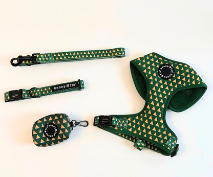 Green and yellow patterned dog collar, harness, and leash set on a white background