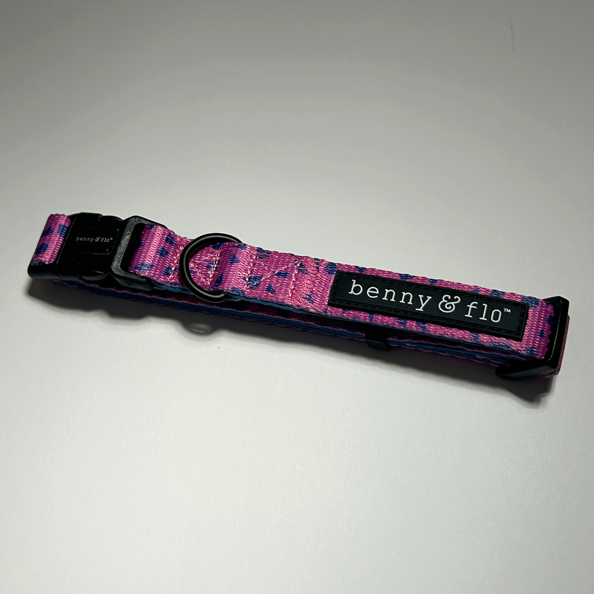Dog collar with purple and blue pattern on a white background