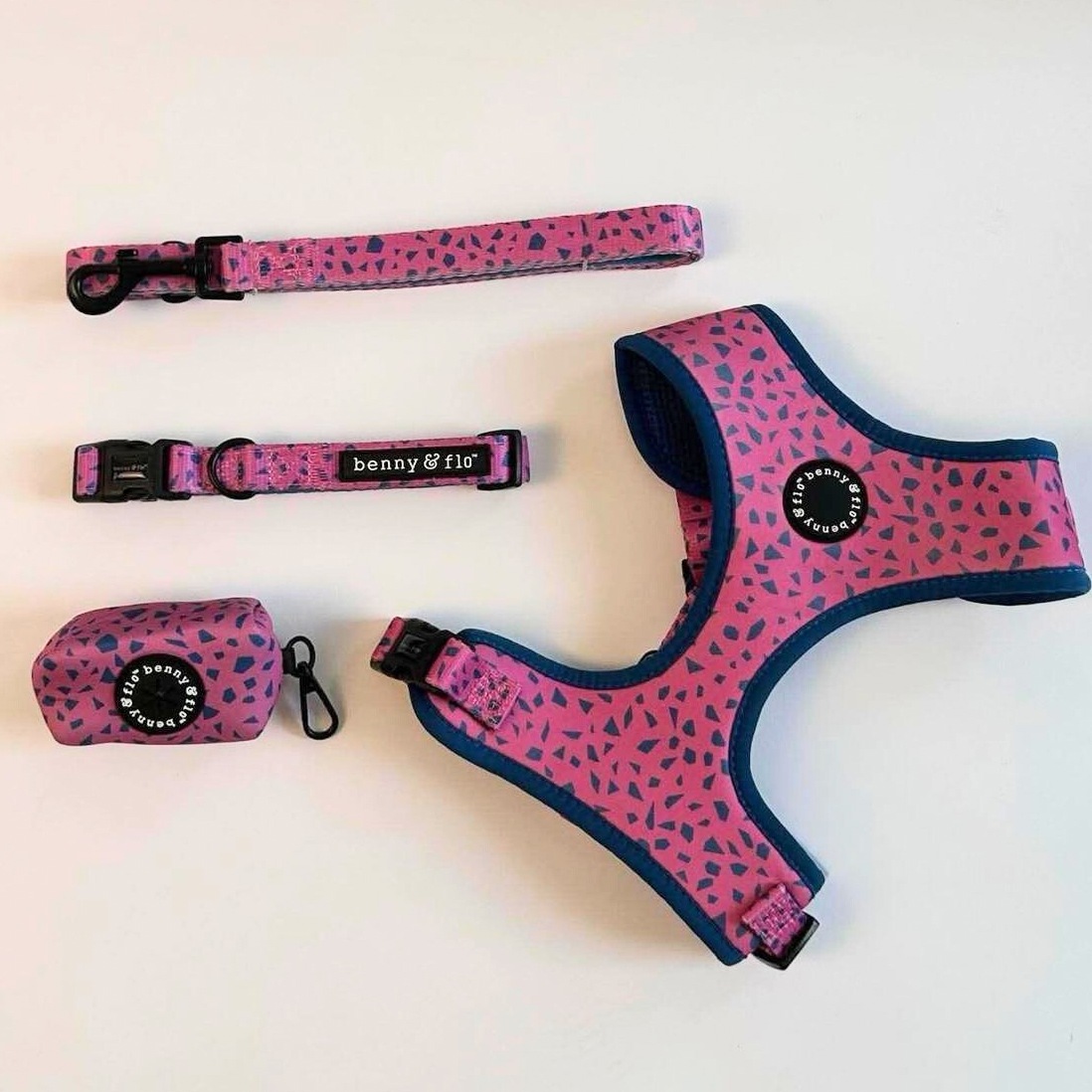 Purple and blue patterned dog harness, collar, and leash on a white background